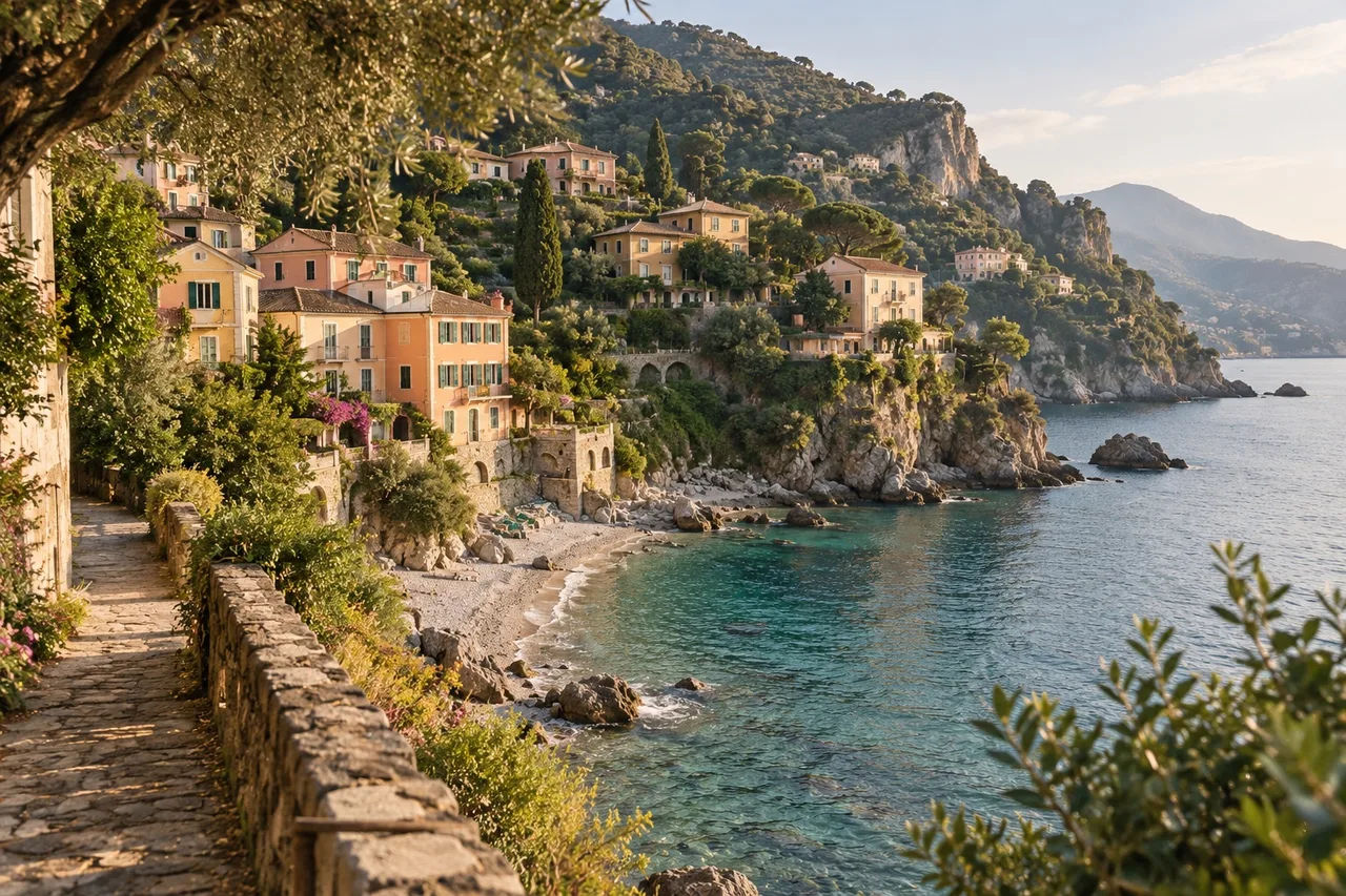 Pastel houses and blue-green water on the Italian coast