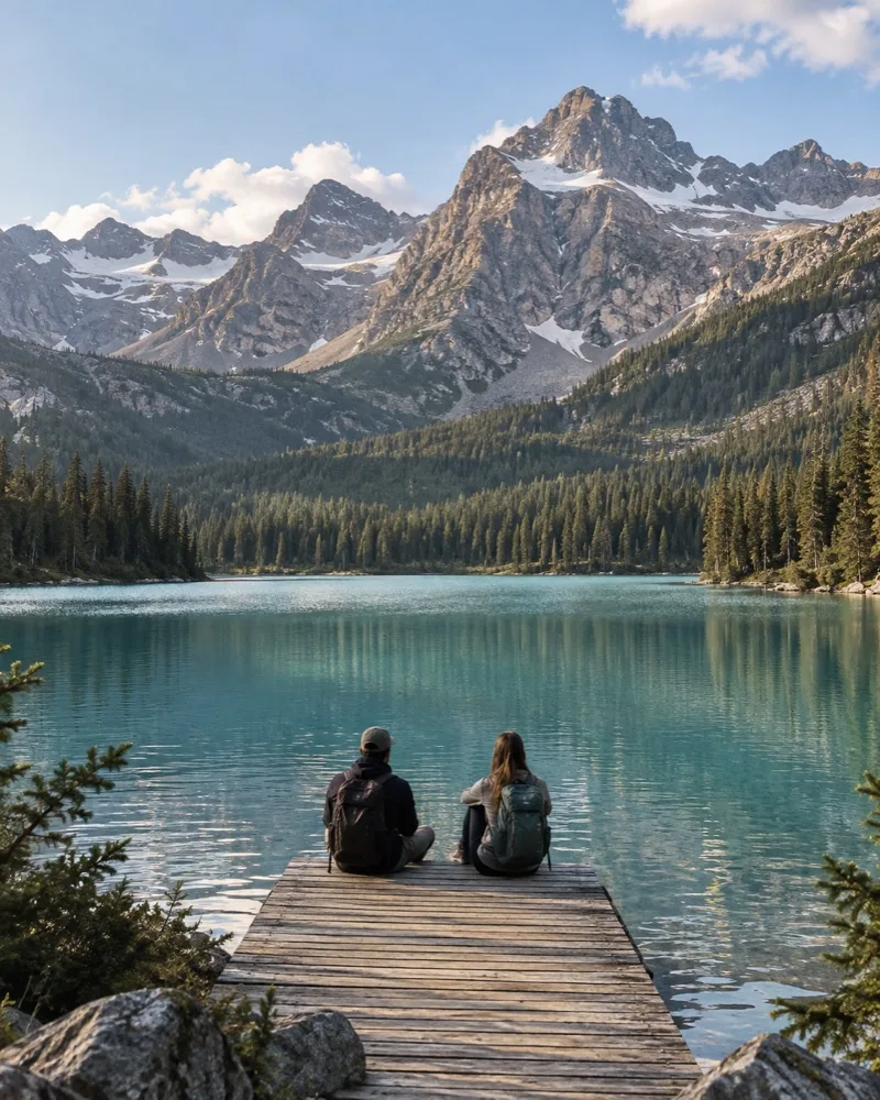 Two travelers beside a mountain lake